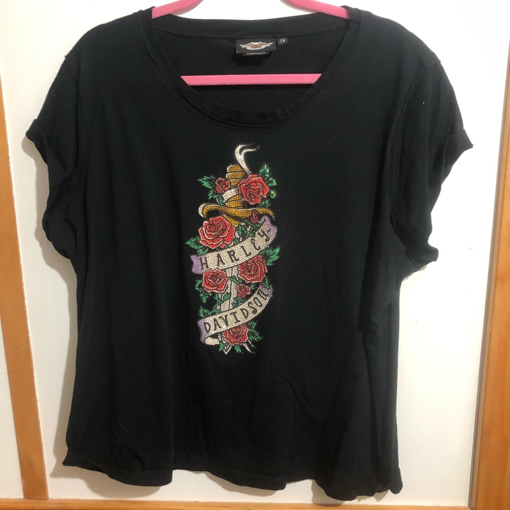 Harley Davidson Woman’s Rose Bling Shirt with no crystals missing